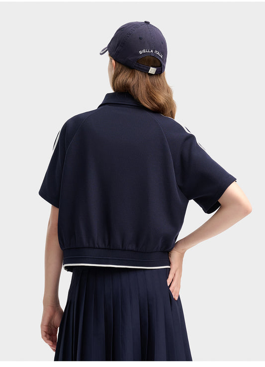 FILA CORE LIFESTYLE ORIGINALE FRENCH TENNIS CLUB Women Knitted Short Sleeve Shirt with Zipper (Navy / White)