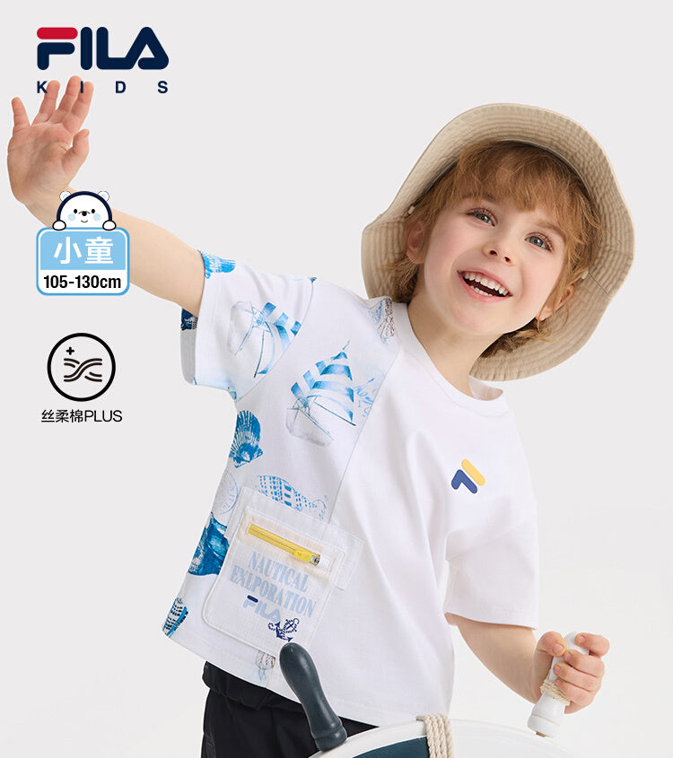 (105 - 130cm) FILA KIDS WHITE LINE Boys Short Sleeve T-Shirt in White