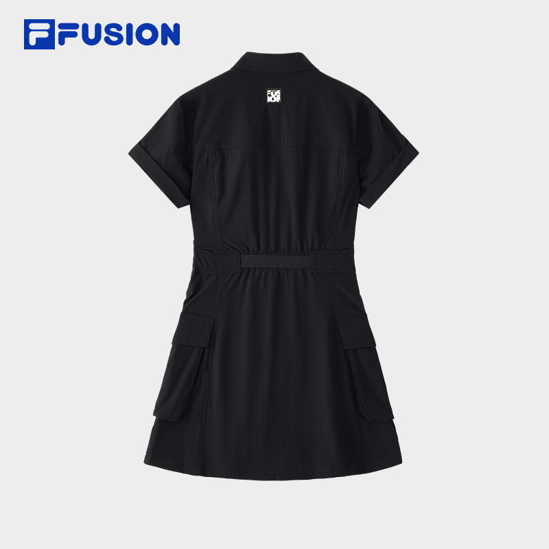 FILA FUSION INLINE WORKWEAR Women Collared Dress Black Zip with Cargo Strap Belt