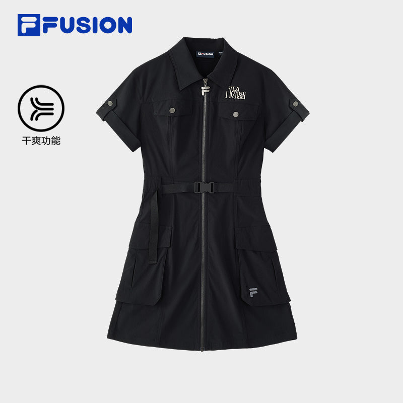 FILA FUSION INLINE WORKWEAR Women Collared Dress (Black) [ Zip | with Cargo Strap Belt ]