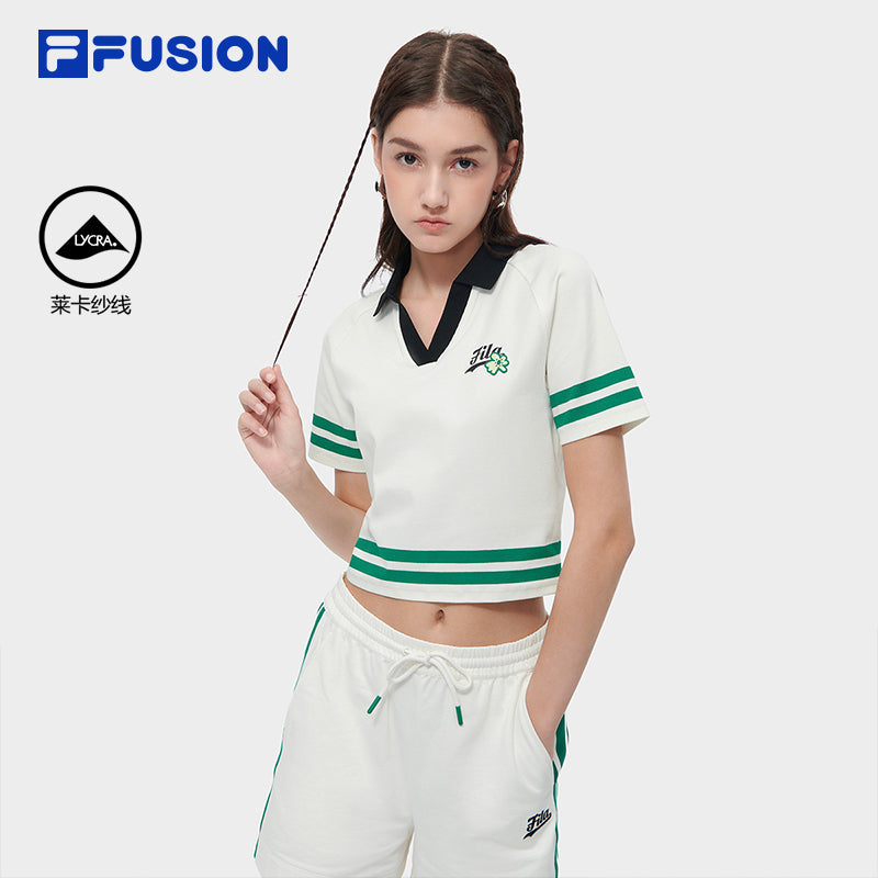 FILA FUSION INLINE CULTURE Women Short Sleeve Cropped Polo Knit Top in White